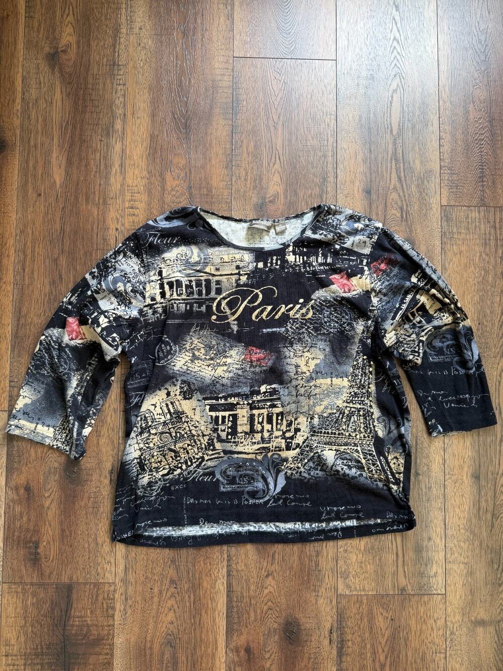 Y2K Jane Ashley Paris Eiffel Tower Sequin Graphic 3/4 Sleeve Top XL